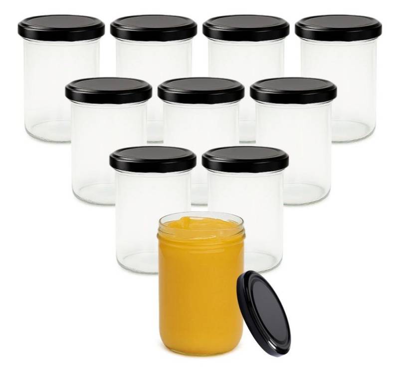 mikken Einmachglas 10x Einmachglas 435 ml mit Deckel und Beschriftungsetiketten, (10er Set mit Etiketten), verschiedene Deckelfarben von mikken