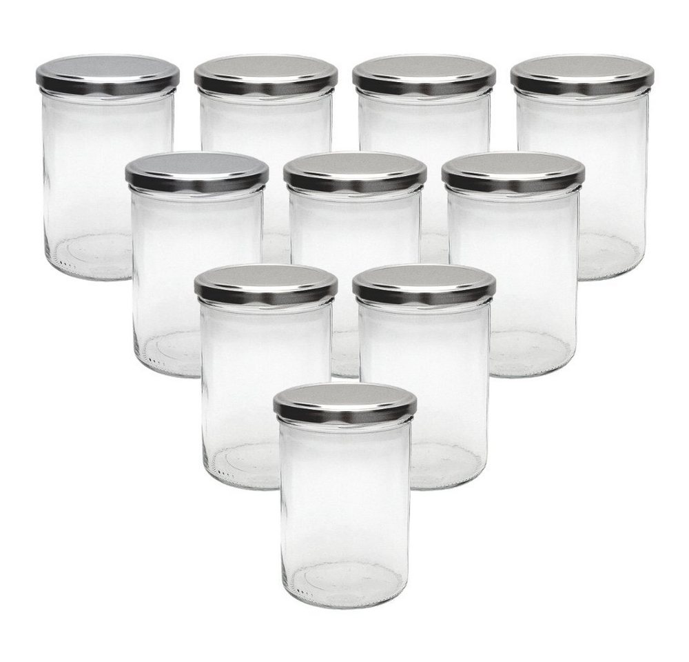 mikken Einmachglas 10x Einmachglas 435 ml mit Deckel und Beschriftungsetiketten, (10er Set mit Etiketten), verschiedene Deckelfarben von mikken