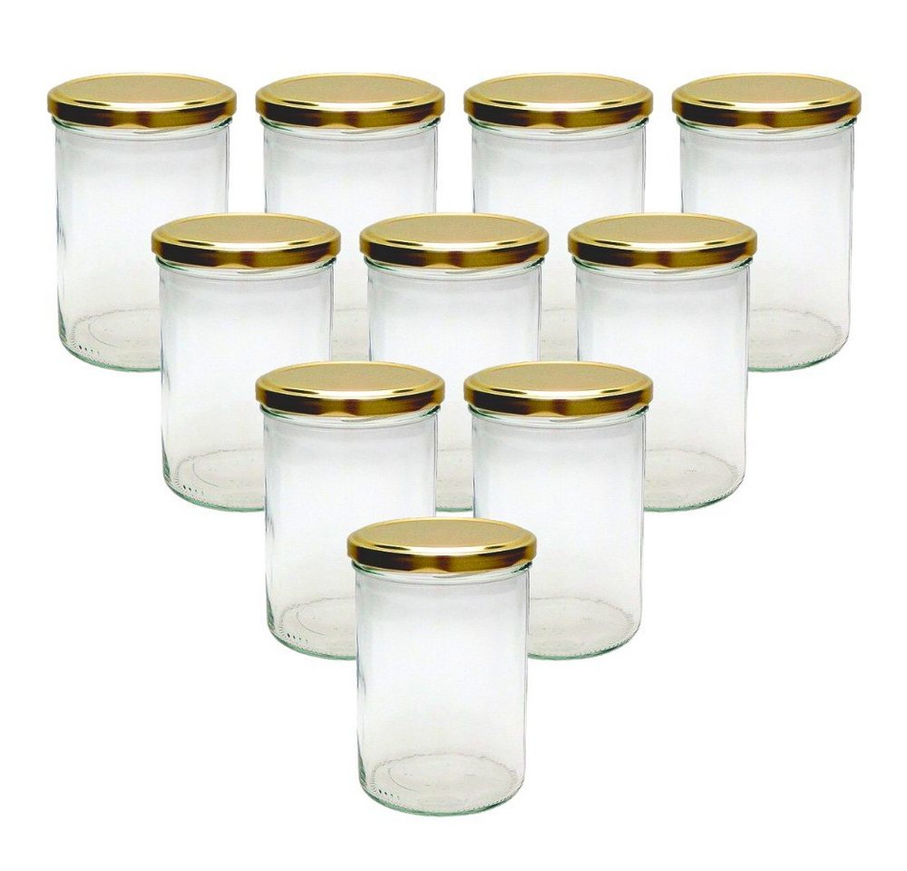 mikken Einmachglas 10x Einmachglas 435 ml mit Deckel und Beschriftungsetiketten, (10er Set mit Etiketten), verschiedene Deckelfarben von mikken