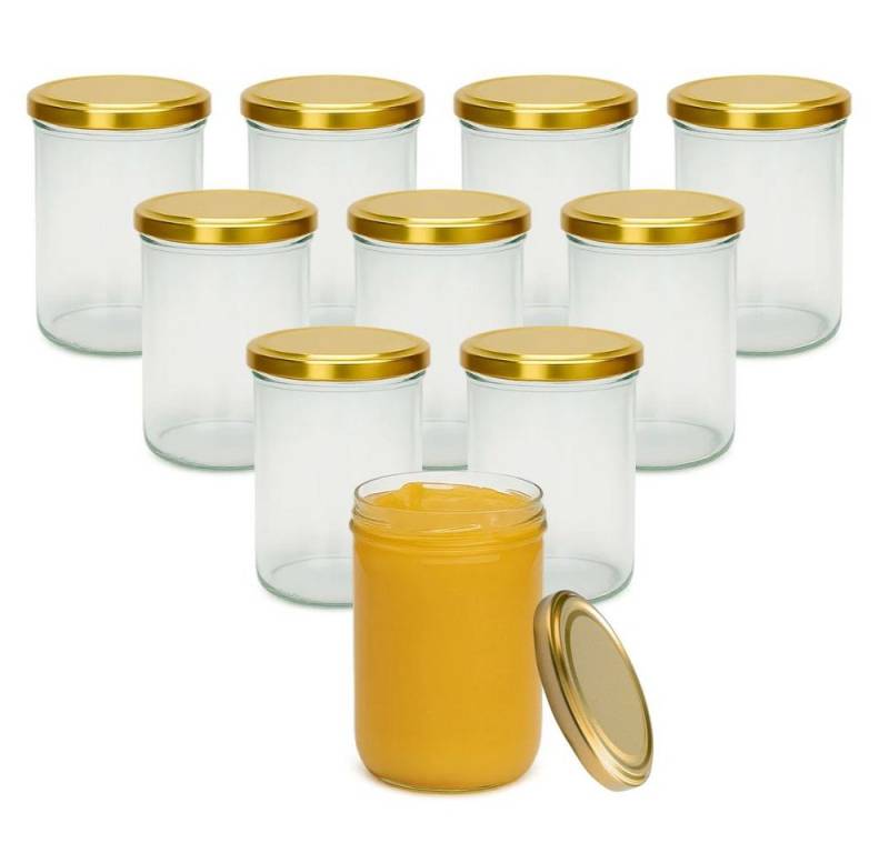 mikken Einmachglas 10x Einmachglas 435 ml mit Deckel und Beschriftungsetiketten, (10er Set mit Etiketten), verschiedene Deckelfarben von mikken