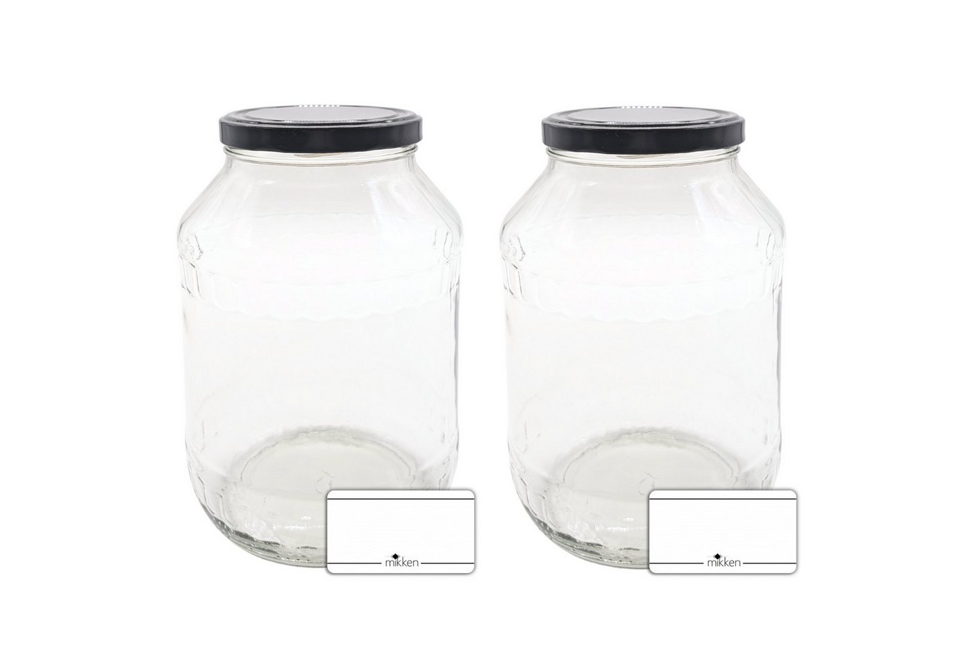 mikken Einmachglas 2 große Vorratsgläser 2650 ml, (2er Set Vorratsglas), mit Twist-Off Deckel TO100 und 2 Etiketten zum Beschriften von mikken