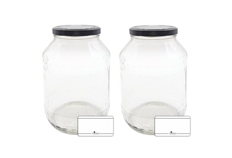 mikken Einmachglas 2 große Vorratsgläser 2650 ml, (2er Set Vorratsglas), mit Twist-Off Deckel TO100 und 2 Etiketten zum Beschriften von mikken