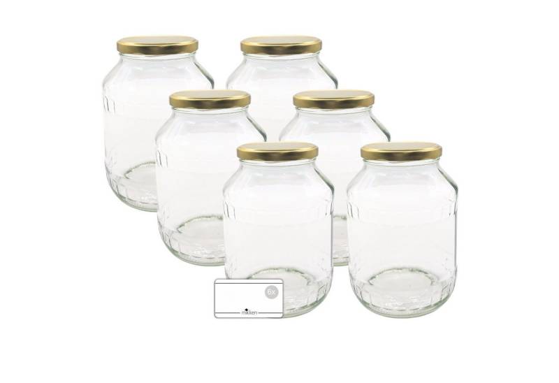 mikken Einmachglas 6 große Vorratsgläser 1700 ml, (Spar-Set, 6er Set Einkochgläser), mit Twist-Off Deckel TO89 und 6 Etiketten zum Beschriften von mikken