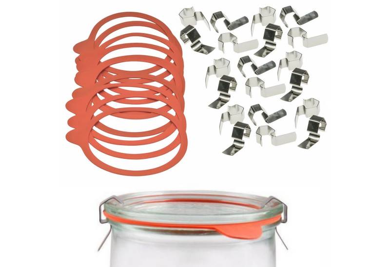 mikken Einmachglas Einmach-Set für 10 Weckgläser Gummiringe 94x108 mm & Klammern, (Spar-Set, Geeignet zum: Einkochen von Obst, Gemüse, Marmelade, Säften u. v. m), luftdicht, RR100, für Weck-Gläser & Rundrand-Gläser mit Ø 10 cm von mikken