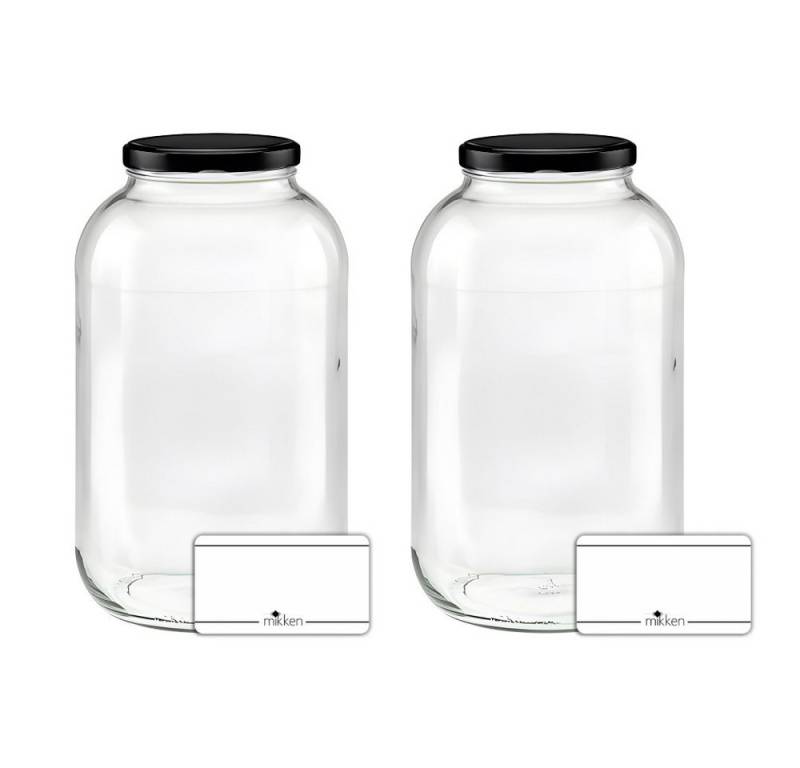 mikken Einmachglas XL Vorratsgläser 4250 ml - 2 große Einmachgläser, (Spar-Set, 2er Set Einmachgläser), mit Twist-Off Deckel TO100 und 2 Etiketten zum Beschriften von mikken