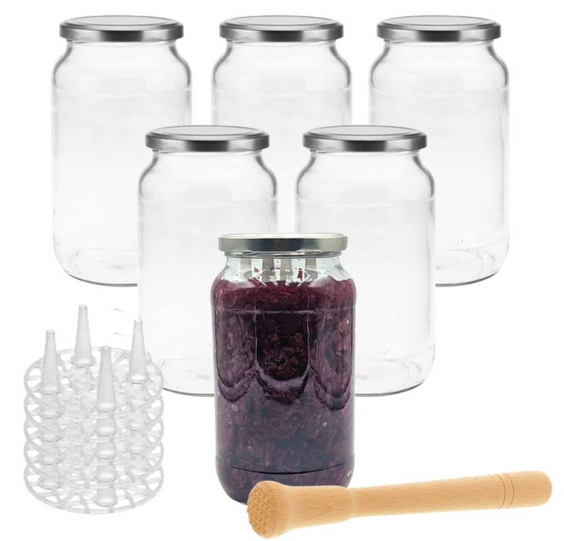 mikken Fermentationsglas Fermentier Set 6 Fermentiergläser 1062 ml inkl Gitter und Stampfer, (6er Set, Start-Set zum Fermentieren mit 6 Gläsern), Made in Europe von mikken