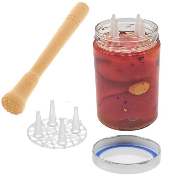 mikken Fermentier Set - 4 Fermentiergläser 580 ml mit Fermentier Gitter, Holzstößel und Deckel (PVC-frei) von mikken