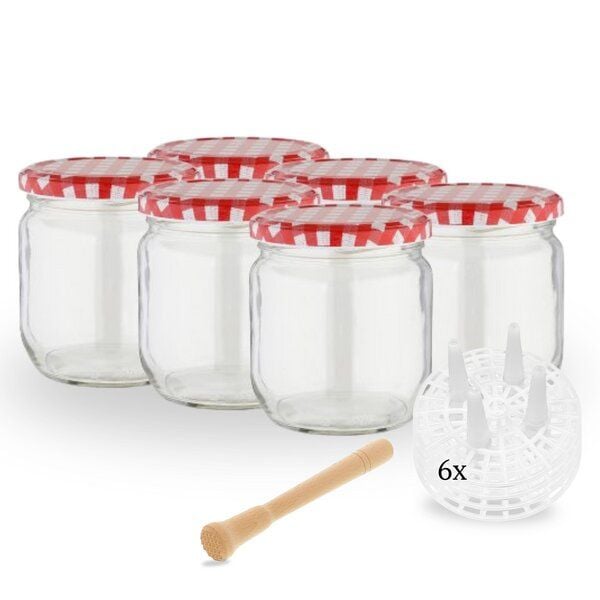 mikken Fermentier Starter Set - 6 Fermentiergläser 425 ml mit Fermentier Gitter, Holzstößel und Deckel von mikken