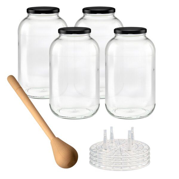mikken Fermentier Starter Set - XXL Gläser 4,25 Liter mit Fermentier Gitter, Holzstampfer und Deckel von mikken