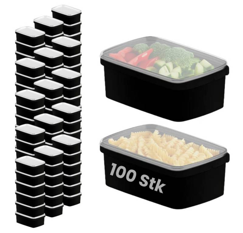 mikken Frischhaltedose 1200ml schwarz - Kunststoffbox Aufbewahrungsdose Plastikdose, (Spar-Set, 100-tlg., 10er-100er Set), Heiß- bis 100 °C und Kaltabfüllung, luftdicht, stapelbar von mikken