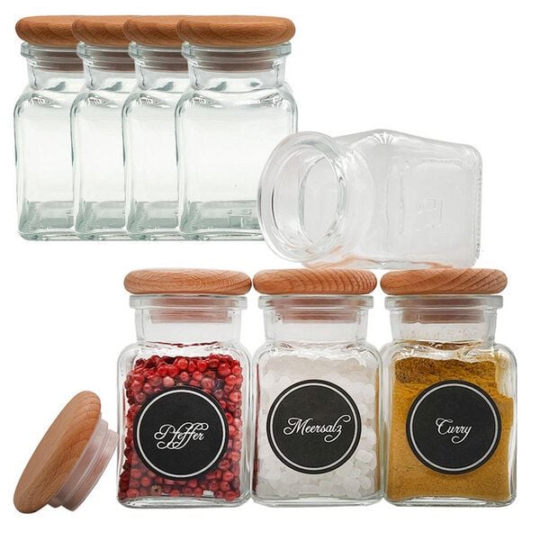 mikken Gewürzgläser 8er Set 150 ml eckig - aus Glas mit 24 Gewürzetiketten von mikken