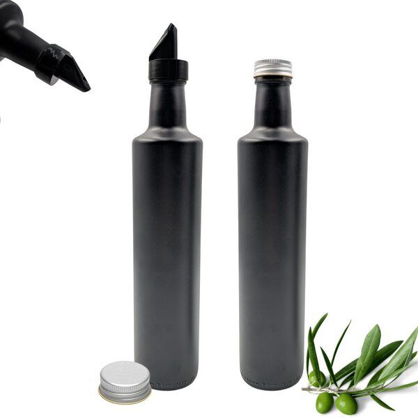 mikken Ölflasche 250 ml | 500 ml matt schwarz runde Dosierflasche mit Ausgießer + Schraubdeckel und Etiketten von mikken