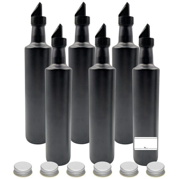 mikken Ölflasche 250 ml | 500 ml matt schwarz runde Dosierflasche mit Ausgießer + Schraubdeckel und Etiketten von mikken