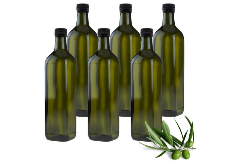 mikken Ölspender 6 Ölflasche 750 ml mit Ausgießer grün/braune Glasflasche + Etiketten, (6-tlg., 6er Set), mit Originalitätsring von mikken