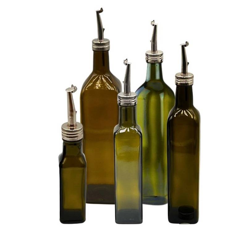 mikken Ölspender 2er Set Ölflaschen 100-1000 ml Glasflasche braun/grün mit Ausgießer, UV-Schutz, inkl. Beschriftungsetiketten von mikken