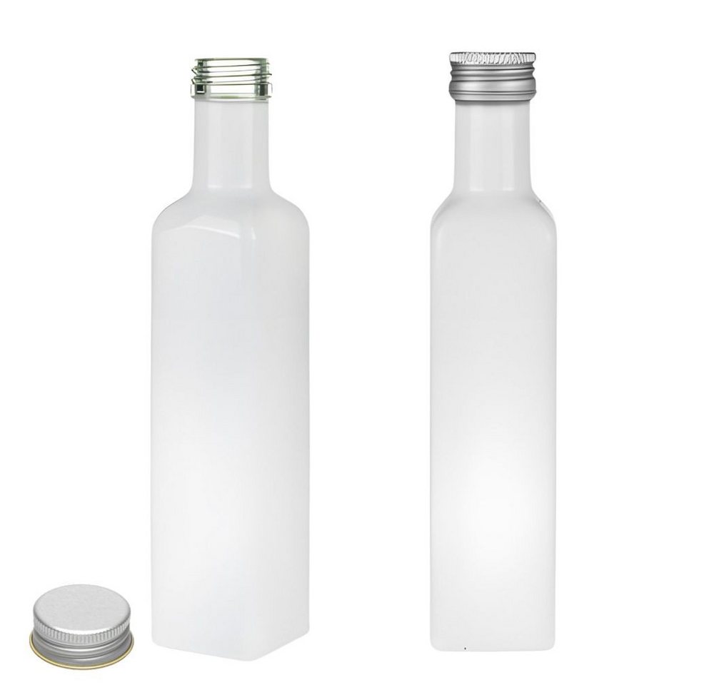 mikken Ölspender 2x Ölflasche 250 ml weiße Glasflasche mit Deckel & Etiketten, (Spar-Set), 2er Set mit Beschriftungsetiketten, Deckel in Gold oder Silber von mikken