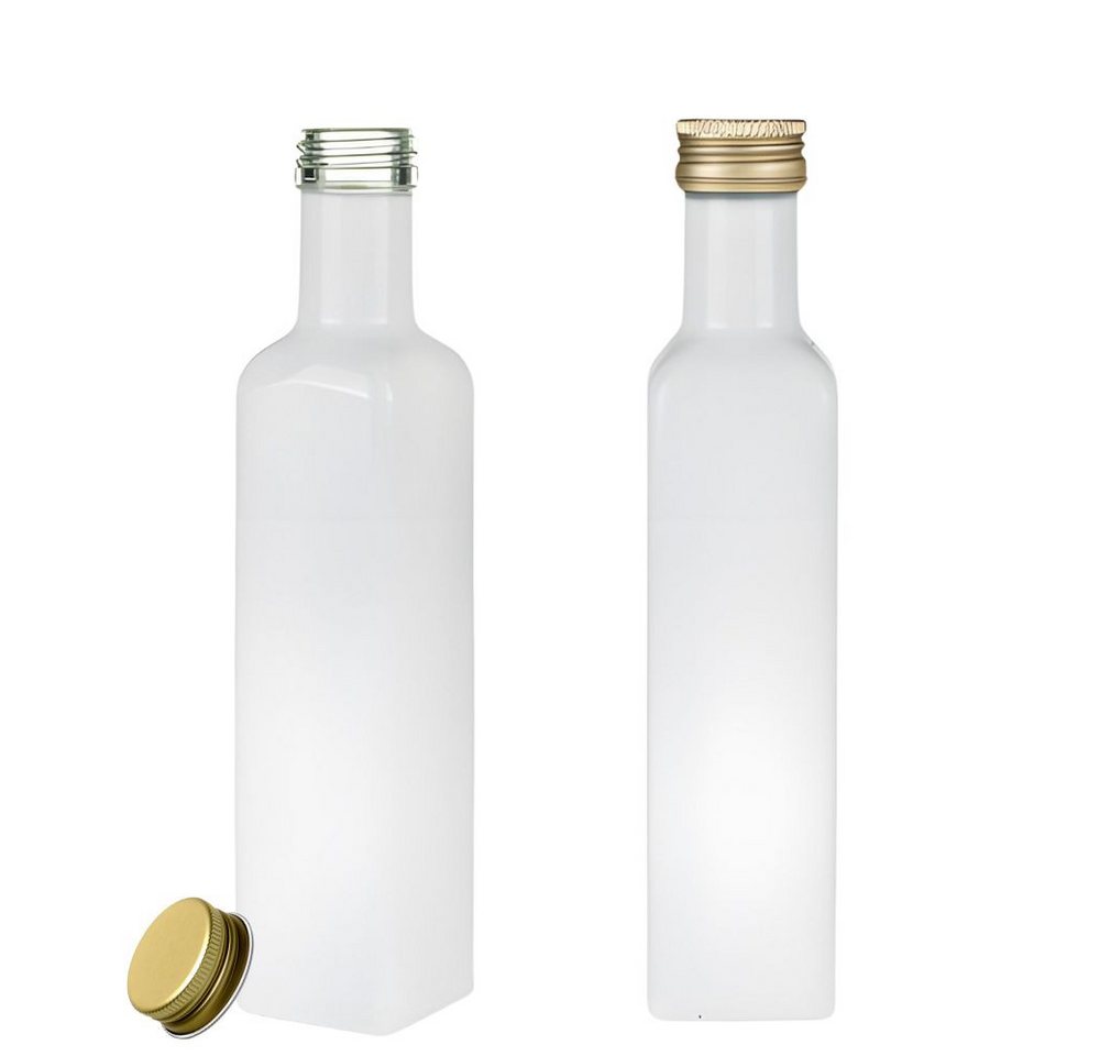 mikken Ölspender 2x Ölflasche 250 ml weiße Glasflasche mit Deckel & Etiketten, (Spar-Set), 2er Set mit Beschriftungsetiketten, Deckel in Gold oder Silber von mikken