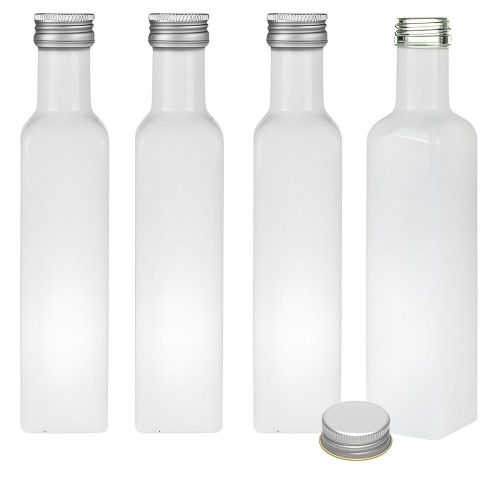 mikken Ölspender 4 Ölflaschen 250 ml weiße Glasflasche mit Deckel & Etiketten, (Spar-Set), 4er Set, Deckel in Silber oder Gold, mit Beschriftungsetiketten von mikken