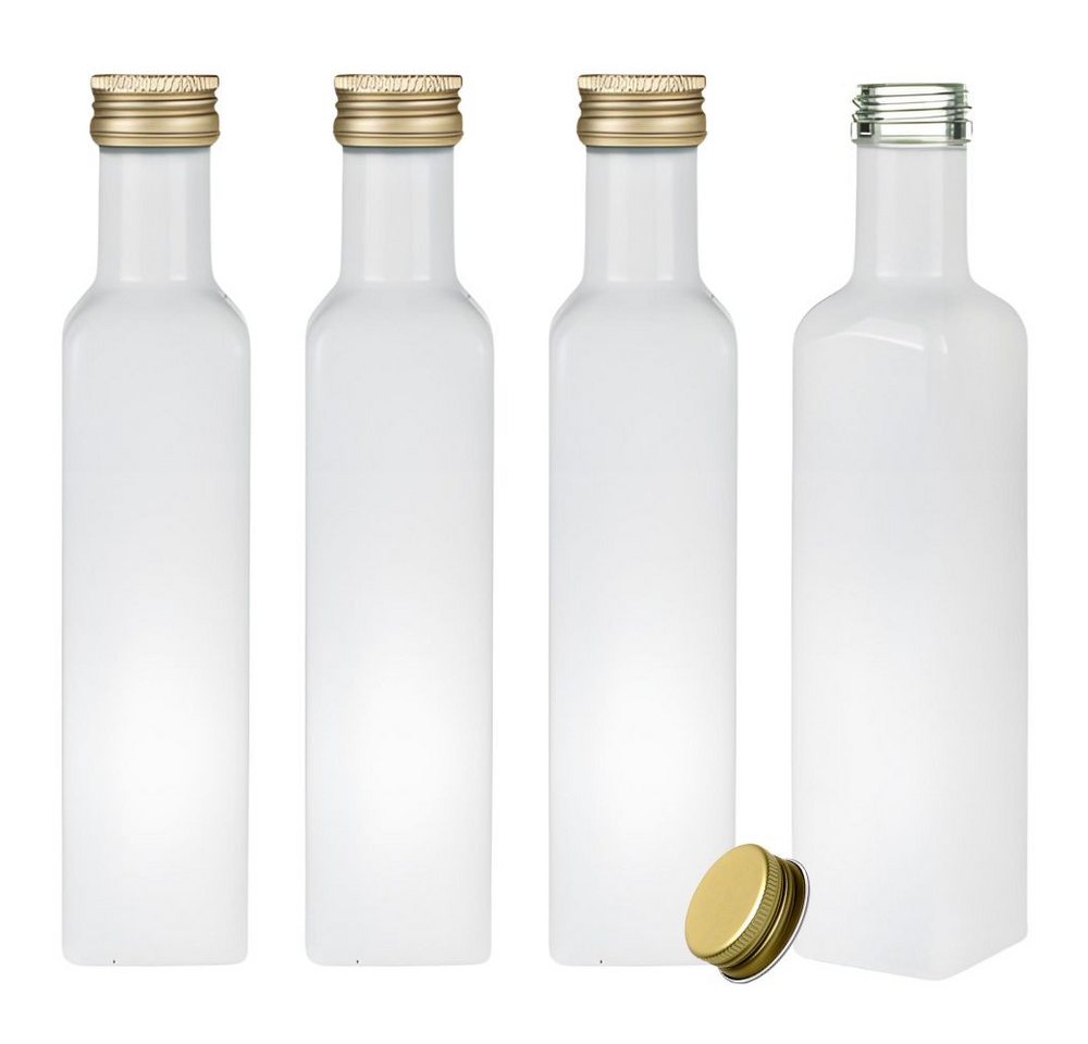mikken Ölspender 4 Ölflaschen 250 ml weiße Glasflasche mit Deckel & Etiketten, (Spar-Set), 4er Set, Deckel in Silber oder Gold, mit Beschriftungsetiketten von mikken