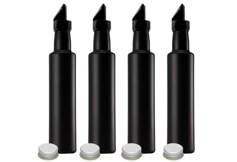 mikken Ölspender 4x Ölflasche 250ml mit Ausgießer schwarze leere Glasflasche +Etiketten, (Spar-Set), UV-Schutz, Beschriftungsetiketten von mikken