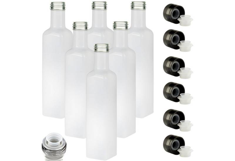 mikken Ölspender 6 Ölflaschen 250 ml mit Ausgießer weiße Glasflasche & Etiketten, (Spar-Set), Originalitätsring, 6er Set, Beschriftungsetiketten, UV-Schutz von mikken