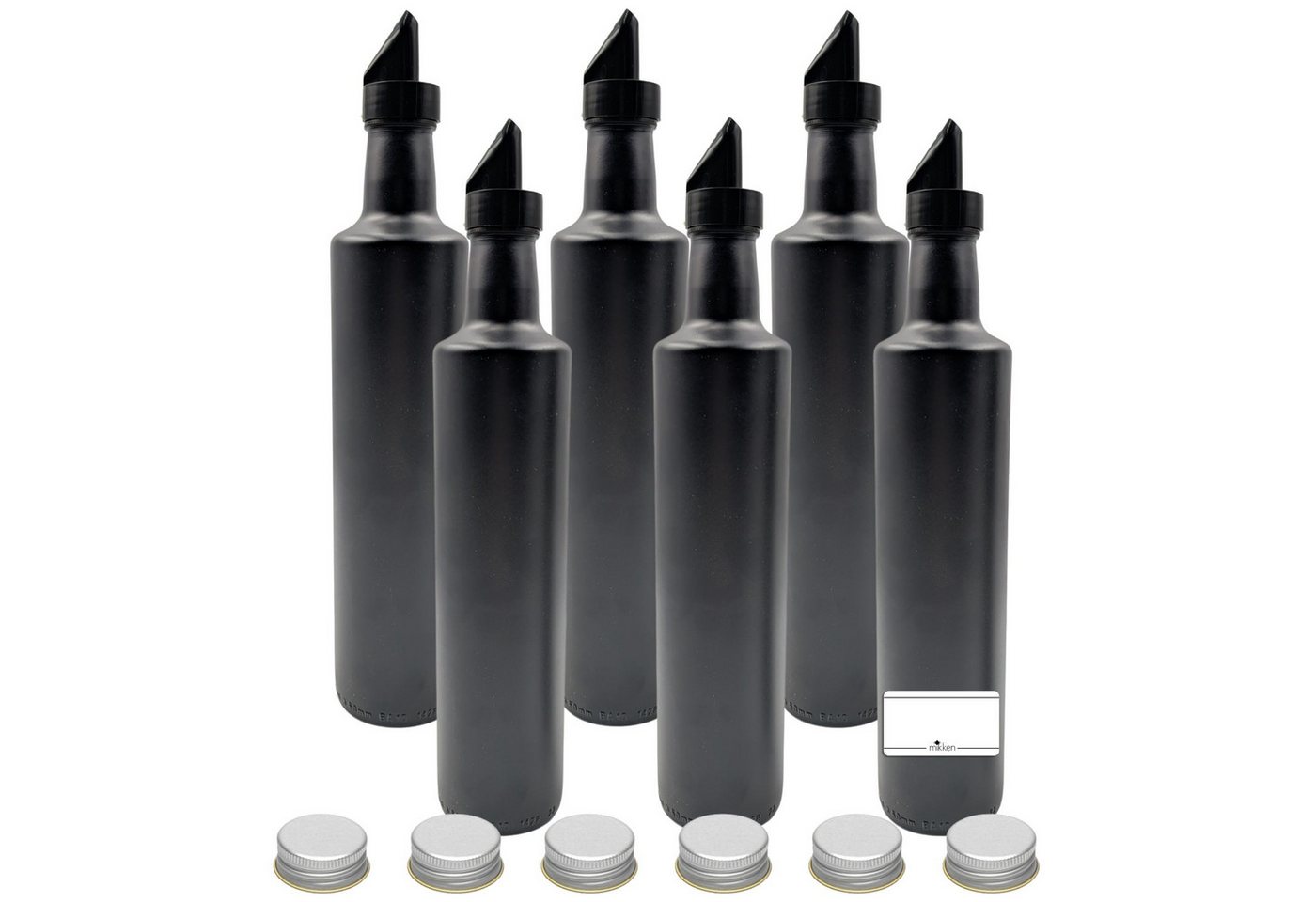mikken Ölspender 6er Set Ölflaschen schwarz 500ml mit Ausgießer Glasflasche + Etiketten, (Set), mit UV-Schutz, matt schwarz, tropffreie Dosierung von mikken