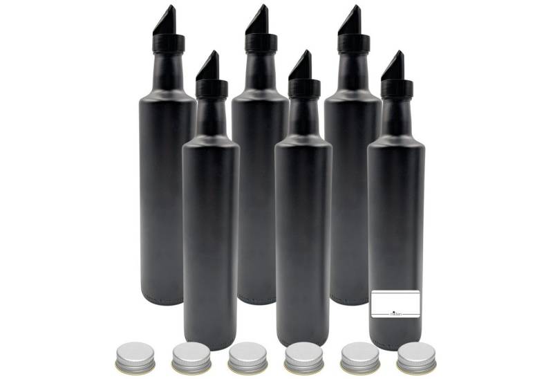 mikken Ölspender 6er Set Ölflaschen schwarz 500ml mit Ausgießer Glasflasche + Etiketten, (Set), mit UV-Schutz, matt schwarz, tropffreie Dosierung von mikken