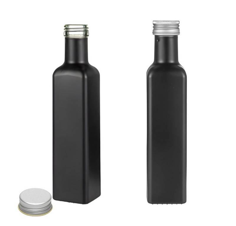 mikken Ölspender Ölflasche 250 ml matt schwarz mit Deckel & Etiketten, 2 Stück, (Spar-Set), 2er Set mit Beschriftungsetiketten, matt, Deckel in Gold oder Silber von mikken