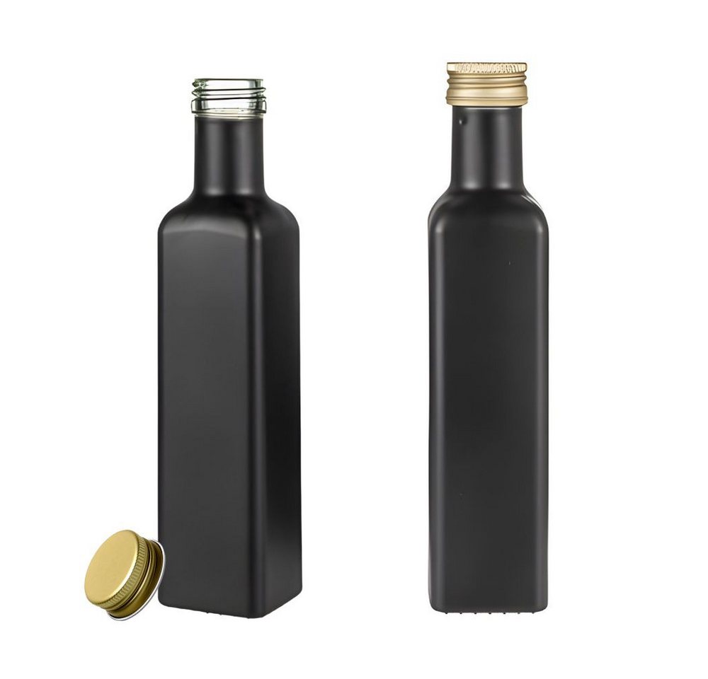 mikken Ölspender Ölflasche 250 ml matt schwarz mit Deckel & Etiketten, 2 Stück, (Spar-Set), 2er Set mit Beschriftungsetiketten, matt, Deckel in Gold oder Silber von mikken