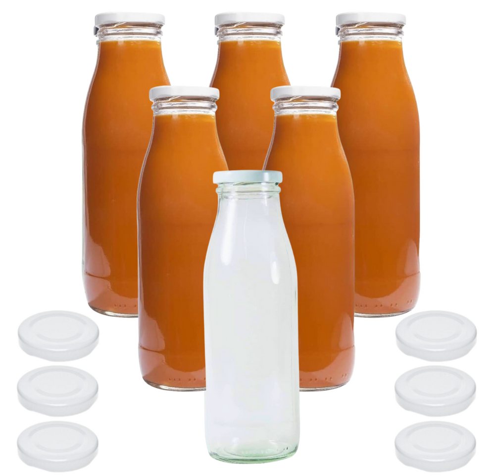 mikken Trinkflasche 6er Set Milchflaschen 500 ml mit Schraubdeckel plus 6 Erssatzdeckel, Fassungsvermögen: 0,5 Liter von mikken