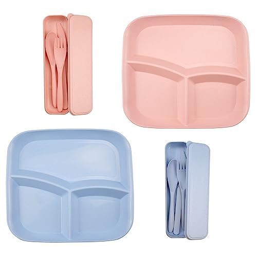 milaosk 2 Stück Kinderteller, Geteilte Babyteller Unterteilt Speiseteller Teller mit Unterteilung PP Plastikteller Quadratisch Picknick Plates mit Löffel Gabel für Alle(Pink, Blau) von milaosk