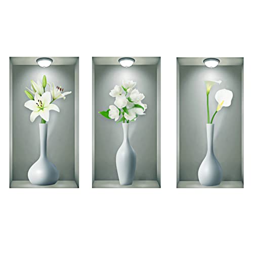 milaosk 3 Stück 3D Wandaufkleber Vase,Wandtattoo Wohnzimmer Weiße Vasen,3D Vinyl Wandabziehbilder zum Selbermachen,Pflanzen Blumen Wandsticker Wandbilder für Wanddeko von milaosk