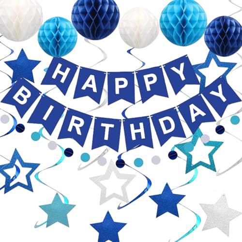 milaosk Geburtstagsdeko,Bluey Geburtstagsdeko mit Wabenball Happy Birthday Banner Sterne Hängen an Wirbelnden Luftschlangen Kreis Girlande Dekroationen Geburtstagsdeko Jungen Männer für Partydeko von milaosk