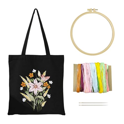 milaosk Sticken Set Erwachsene Tasche,DIY Canvas Tasche Stickset Handgefertigte Taschen mit Blumenmuster Stickerei Sticken für Anfänger mit Bambus Stickrahmen und Anleitung von milaosk