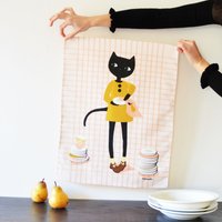 Katzen-Geschirrtuch Zum Abtrocknen Des Geschirrs. Illustration Auf Rosa Kariertem Hintergrund Weißem Gedruckt. Leinen/Baumwolle - 42 cm X 55 cm von milicancrelat