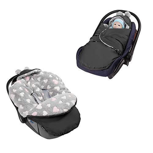 millybo Fußsack Baby Einschlagdecke für Winter geeignet für Kinderwagen Babyschale Babybett Autositz Buggy (605.020 Nylon graphite- Minky grau (Herz rosa)) von millybo