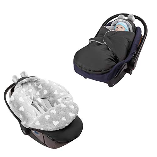 millybo Fußsack Baby Einschlagdecke für Winter geeignet für Kinderwagen Babyschale Babybett Autositz Buggy (605.021 Nylon Graphite- Minky grau (Herz weiß)) von millybo