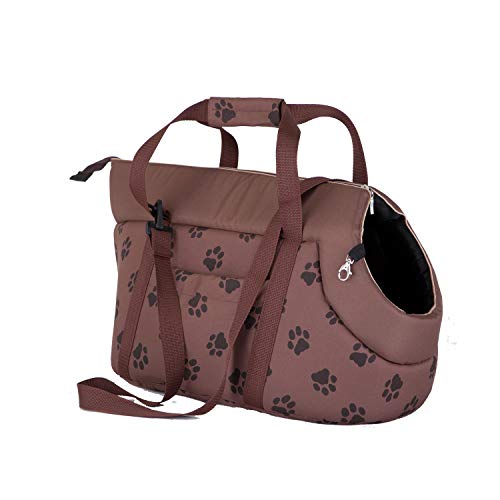 millybo Transporttasche für Hunde Katzen Tragetasche Transportbox Hundetasche (R2 (25 x 43 cm), Hellbraun mit Muster (Pfötchen)) von millybo