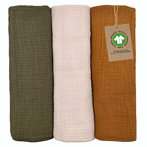 mimaDu - 3er Set Baby Spucktücher aus Bio-Baumwolle GOTS 60x30 cm - Musselintücher für Junge & Mädchen - Handtücher zur Babypflege ideal als Spuchtuch, Mullwindeln, Waschlappen, Mulltuch (Earth) von mimaDu