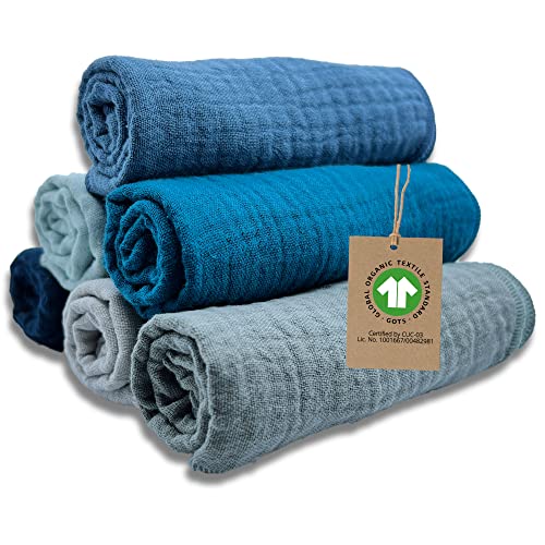 mimaDu - 6er Set Baby Musselin Tuch aus Bio-Baumwolle GOTS 25x25cm - Spucktücher für Junge - Babywaschlappen/Mulltücher extra weich, saugfähig - Kleine Handtücher für Babypflege (Blau, Ocean) von mimaDu