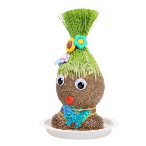 mimika Graskopf-Puppenpflanze, Grasshead-Haar-Wachstumsspielzeug, Desktop-Grünpflanzen Im Topf Für Kinder Mit Tablett, Puppenkopf Überpflanzung, Lernspielzeug, Bonsai-Kopf, Graspuppe, Pflanze, Garten von mimika