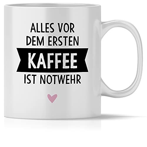 mindmonkeys® Tasse mit Spruch Alles vor dem ersten Kaffee ist Notwehr Kaffeetasse Bürotasse Geschenkideen Barista Kaffeejunkies Morgenmuffel Geschnekidee zum Geburtstag Keramik 300 ml von mindmonkeys