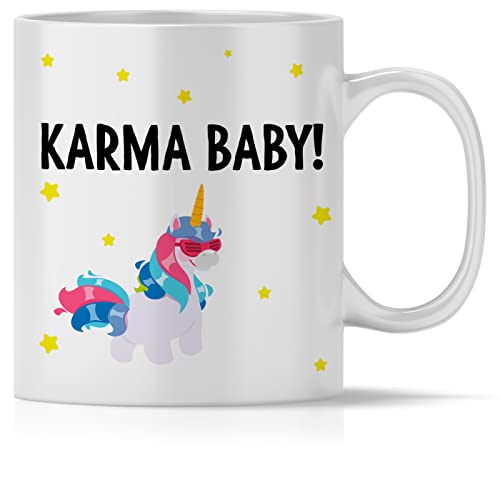 mindmonkeys® Tasse mit Spruch Karma Einhorn mit Spruch Witzig Geschenk Geschnekidee zum Geburtstag Keramik 300 ml von mindmonkeys