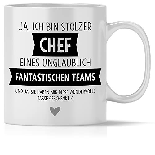 mindmonkeys® Tasse mit Spruch Stolzer Chef eines fantastischen Teams Kaffeetasse Bürotasse Geschenkideen für den Chef Boss fürs Büro Arbeitsplatz zum Geburtstag Jubiläum Keramik 300 ml von mindmonkeys