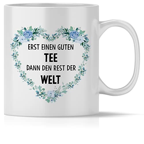 mindmonkeys® Tasse mit Spruch Erst Tee dann die Welt Herz mit Spruch Witzig Geschenk Geschnekidee zum Geburtstag Keramik 300 ml von mindmonkeys