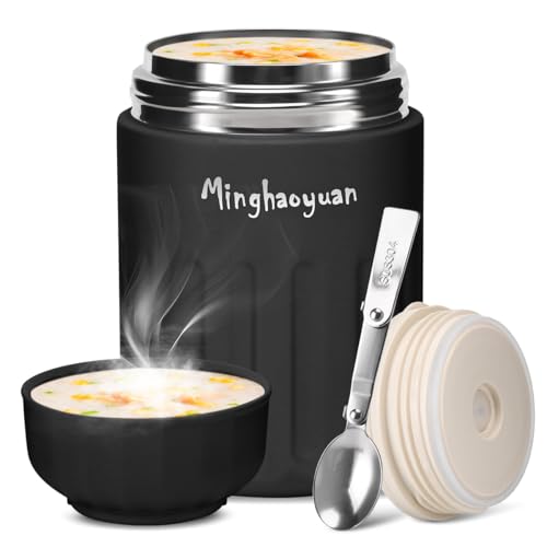 minghaoyuan Thermobehälter für Essen, 600ml Edelstahl Thermobecher Essen mit Löffel, 100% auslaufsicher, Warmhaltebehälter Essen, Mueslicup oder Babybrei Warmhaltebox (Schwarz) von minghaoyuan