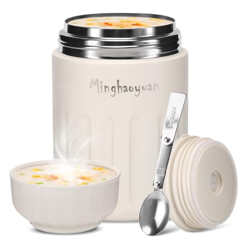 minghaoyuan Thermobehälter für Essen, 600ml Edelstahl Thermobecher Essen mit Löffel, 100% auslaufsicher, Warmhaltebehälter Essen, Mueslicup oder Babybrei Warmhaltebox (Weiß) von minghaoyuan