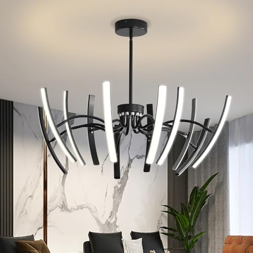 120W Dimmbare Kronleuchte Deckenlampe Wohnzimmer,Moderne Pendelleuchten Mit Drehbarem Led-LampenköRper,Schwarz 3000–6000K,Deckenleuchte HäNgend FüR Wohnzimmer,Schlafzimmer,Esszimmer,φ1100 X H580 von minifair