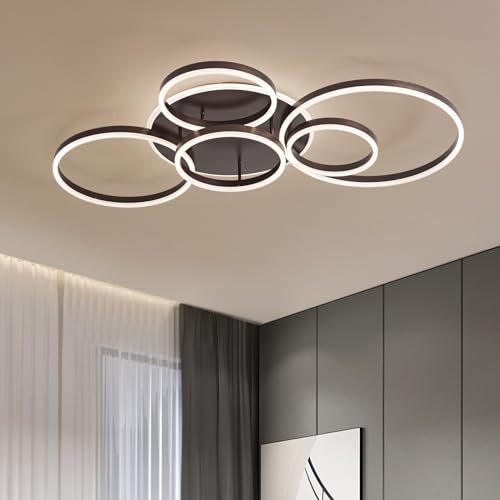 minifair Dimmbare Led Deckenleuchte,116Cm Unterputz-Deckenleuchte Mit 108 W Und 6400 Lm,Mit Fernbedienung, 6-Ring-Kronleuchter FüR Wohnzimmer, Schlafzimmer, Esszimmer,3000–6000 K,Braun von minifair