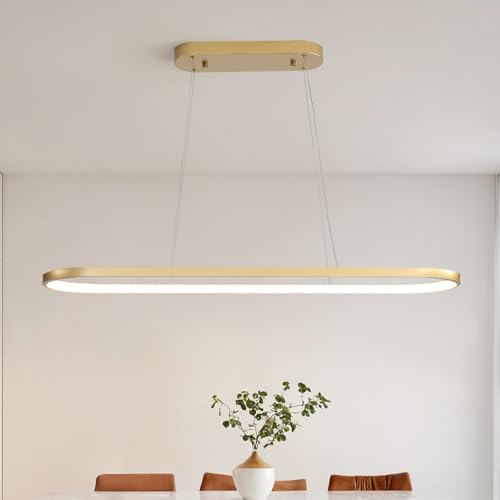 minifair Oval Hängeleuchte LED Dimmbare Hängelampe Ring Pendelleuchte Moderne Esstisch Lampe mit Fernbedienung Höhenverstellbar für Wohnzimmer Esszimmer Küche Arbeitszimmer Schlafzimmer Gold 120cm von minifair